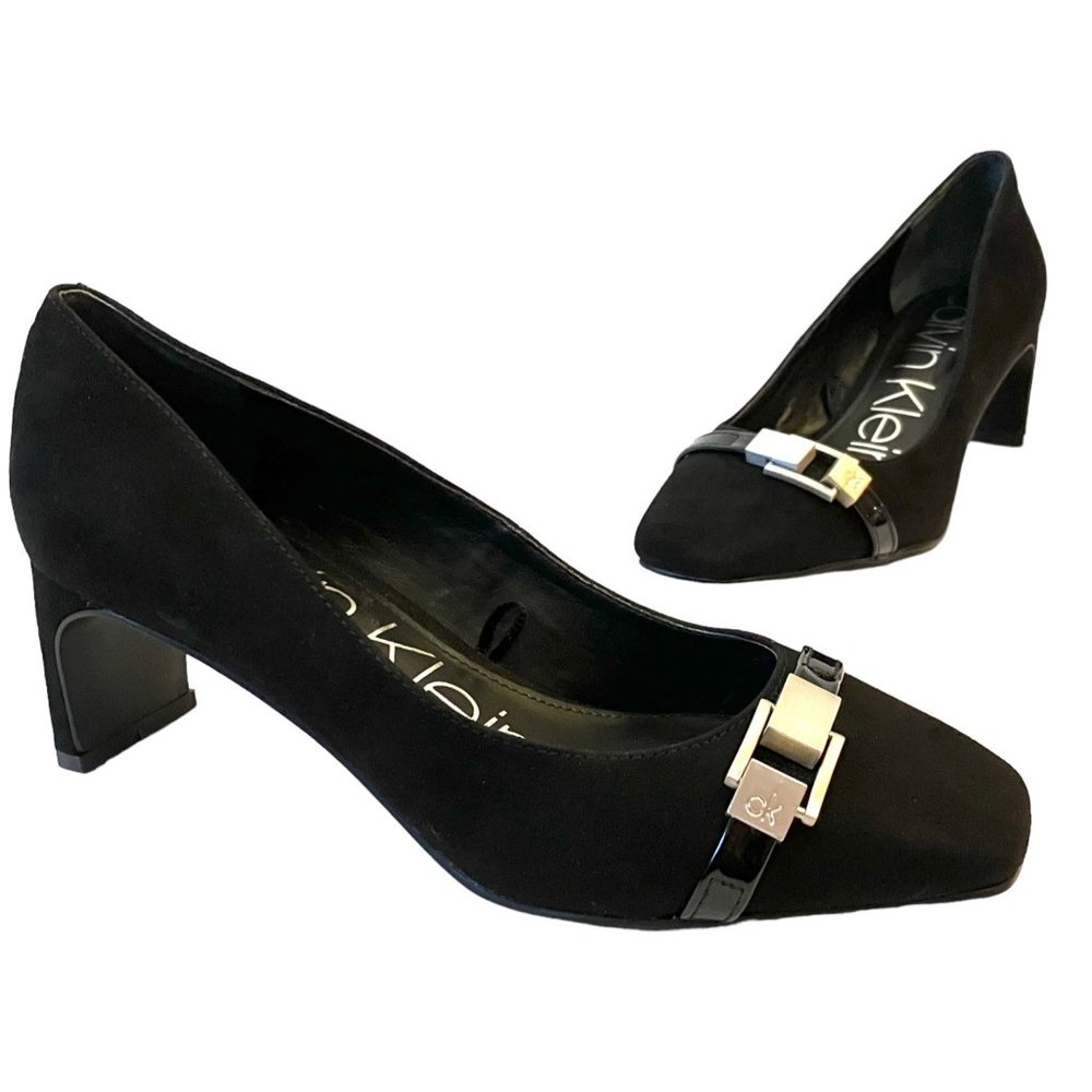 NEW Calvin Klein Avita2-R Black Suede Silver Buckle Slip On Heels Pumps Sz 5.5M